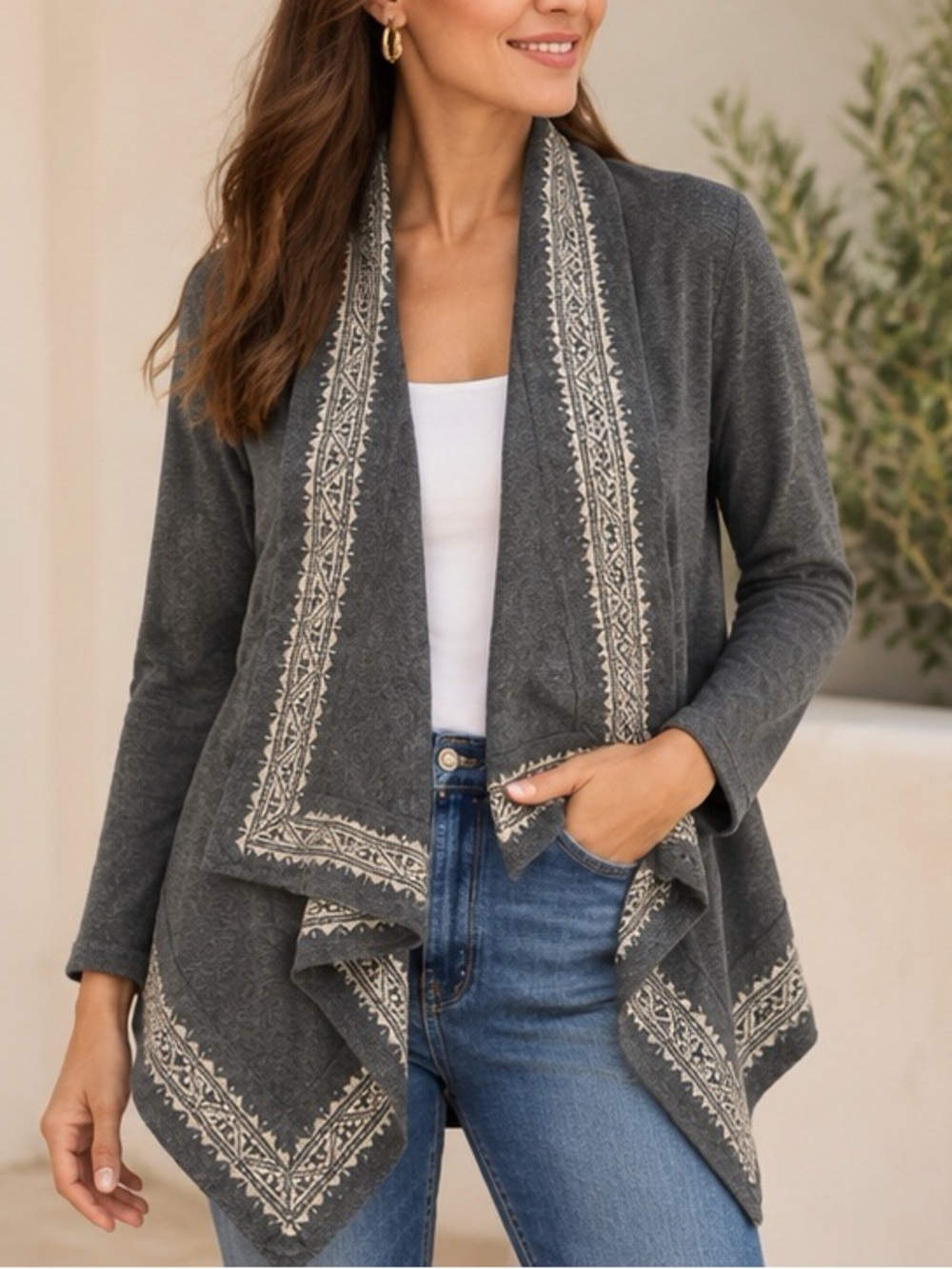 Johnny Was Gray Embroidered Waterfall Cardigan Jacket (Size L)